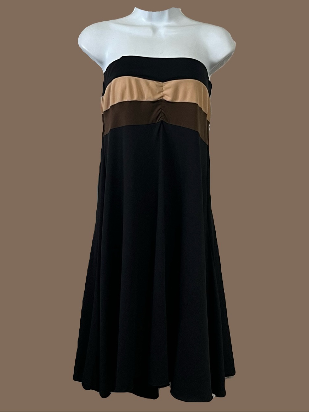 Strapless Black Midi Dress with Tan and Brown Bands